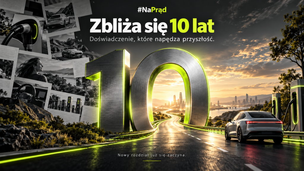 Jubileuszowa liczba 10 z limonkowym podświetleniem, archiwalne motywy elektromobilności i droga prowadząca ku przyszłości.